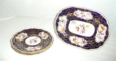 Lot 254 - Three Derby-style plates and dish en-suite