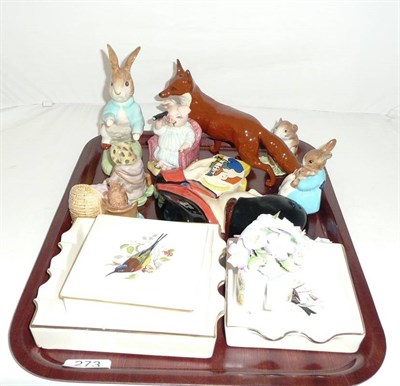 Lot 273 - Tray including Carltonware ashtrays, reproduction Clarice Cliff wall mask, Beswick fox and six...