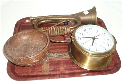 Lot 274 - A bugle, yew wood bowl, a ships style clock and a crucifix