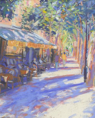 Lot 714 - John Holt (b.1949) "Café Provence, Avignon" Signed, inscribed verso, pastel drawing, 53cm by...