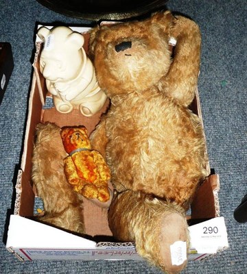 Lot 290 - Small teddy bear, another larger (a/f), and a Winnie the Pooh jar and cover