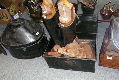 Lot 291 - A pair of leather riding boots with trees, shield shaped dressing table mirror, foxes head,...