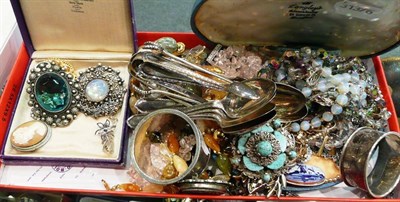 Lot 303 - Costume jewellery, gold ring, silver tea spoons, tongs and three silver napkin rings