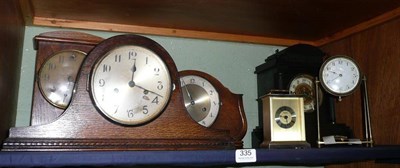 Lot 335 - A black slate clock, three others, a carriage clock and a pillar clock (6)