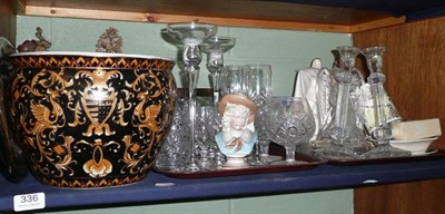 Lot 336 - A shelf of ceramics and glass ware including Wedgwood, gilt edged champagnes, glass...