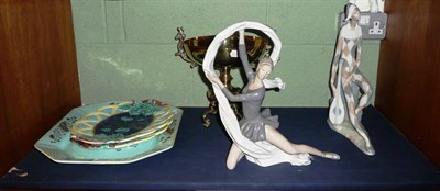 Lot 338 - Two Nao china figures, a brass centrepiece bowl, two Majolica-style dishes and an Adams meat plate