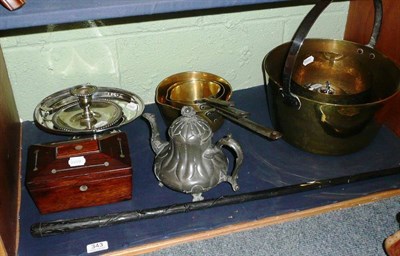 Lot 343 - Rosewood tea caddy, Irish bog oak walking stick, plated ware, brass pans, etc