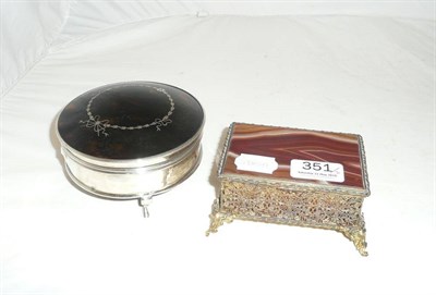 Lot 351 - Silver and tortoiseshell trinket box and an agate mounted filigree box