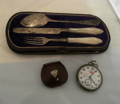 Lot 365 - Cased silver Christening set, vintage vesta and a plated pocket watch