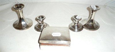 Lot 367 - Two pairs of silver dwarf candlesticks, silver box and condiments