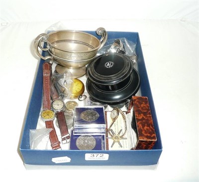 Lot 372 - Quantity of watches, silver, coins and a Walker & Hall twin-handled trophy cup