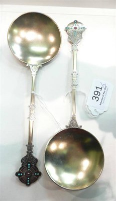 Lot 391 - A pair of jewelled gilt silver anointing spoons, James Dixon & Son, Sheffield