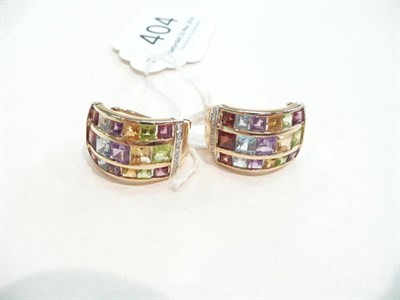 Lot 404 - A pair of multi gem earrings stamped "14k"