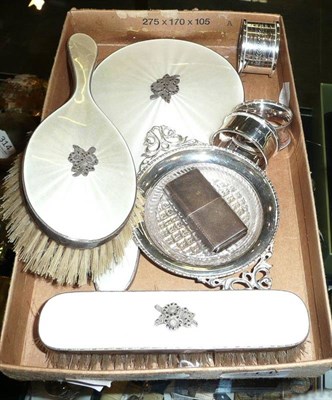 Lot 411 - Three piece dressing table set, serviette rings, 'The Howitt' silver lighter, etc