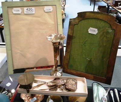 Lot 420 - Two silver photograph frames, two brooches, vase, two spoons, tongs, weights and two vesta cases