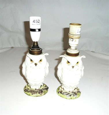 Lot 452 - A pair of French porcelain owl lamps, with green printed mark "William Whiteley china...