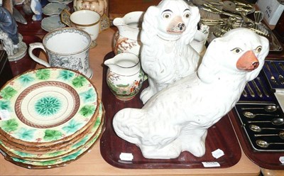 Lot 453 - A pair of Staffordshire spaniel dogs, three Wedgwood jugs, transfer printed mug and a part majolica