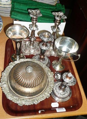 Lot 469 - Two pairs of plated candlesticks, quantity of cutlery, a silver inscribed trophy cup and a quantity