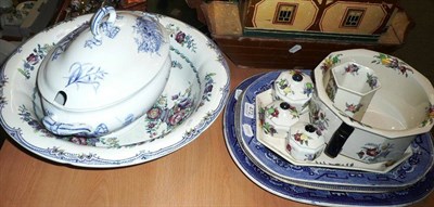 Lot 472 - Three 19th century meat plates, a Minton blue and white tureen, a Copeland Spode wash basin,...