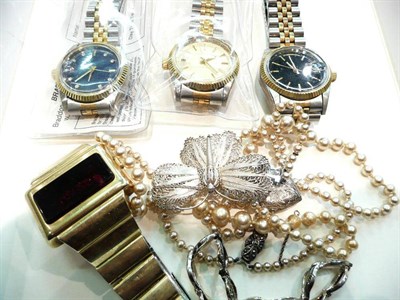 Lot 478 - Lcd wristwatch, two gents watches, simulated pearls, silver bracelet etc