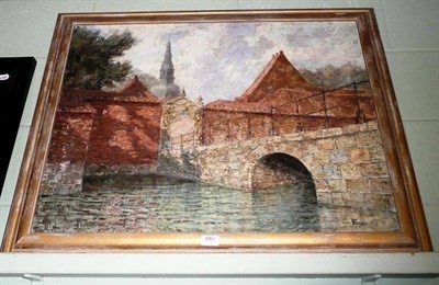 Lot 480 - Large oil of a bridge by Fenger, 1930