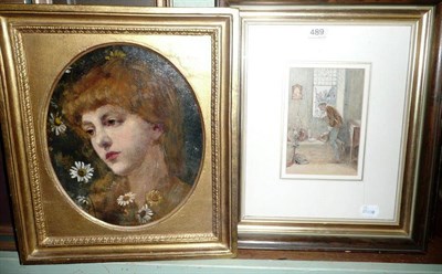 Lot 489 - Gilt framed portrait oil, a framed and glazed watercolour of Bandits waiting in ambush and...