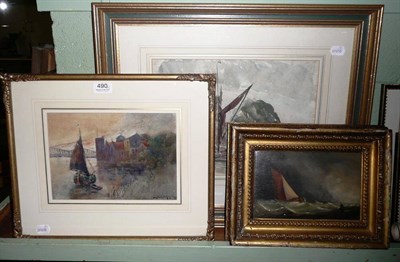 Lot 490 - Gilt framed marine oil on board and two framed and glazed river scene watercolours