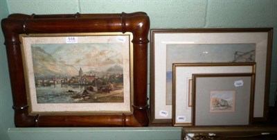 Lot 516 - Pair of walnut-framed prints and three watercolours