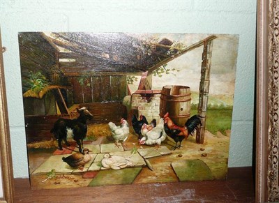 Lot 522 - Signed oil painting of hens