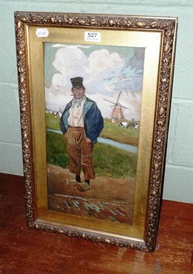 Lot 527 - F Gibson watercolour, Dutch man and windmill