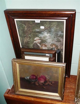 Lot 529 - A rosewood-framed moorland print, oil painting of fruit and a quantity of architectural prints (10)