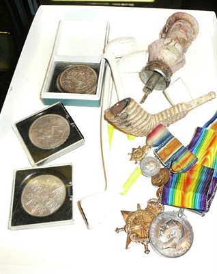 Lot 536 - Clay pipes, silver coins, First World War medals etc