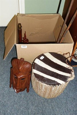 Lot 545 - African tourist objects, including a zebra skin drum, two wooden masks, table lamp, spears etc