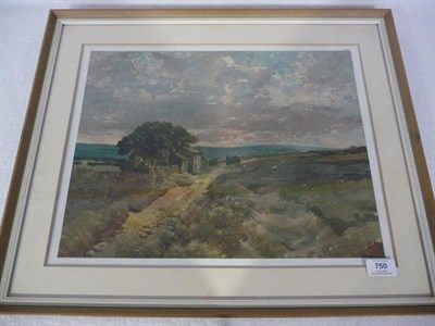 Lot 750 - Joseph Pighills (1902-1984) Moorland Scene with a Track beside a Farmhouse, sheep grazing...