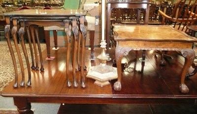 Lot 672 - 1930's walnut square coffee table, nest of three walnut tables and a giltwood standard lamp