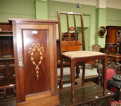 Lot 685 - Edwardian inlaid mahogany pot cupboard and three similarly inlaid side chairs