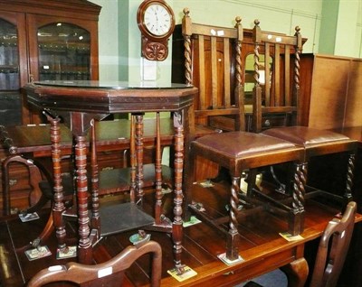 Lot 696 - Octagonal occasional table, a mahogany reproduction coffee table, a pair of oak barley twist chairs