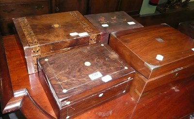 Lot 722 - Walnut sewing box, mahogany writing box, a rosewood hinged box and a lacquered jewellery box