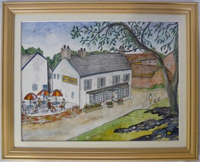 Lot 760 - Lois Bygrave (1915-1996) Figures outside the Bluebell Inn Signed under the mount, pen, ink and...