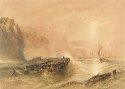 Lot 765 - Joseph Newington Carter (1835-1871) Fishing Boats off Whitby Harbour, the Abbey in the distance...