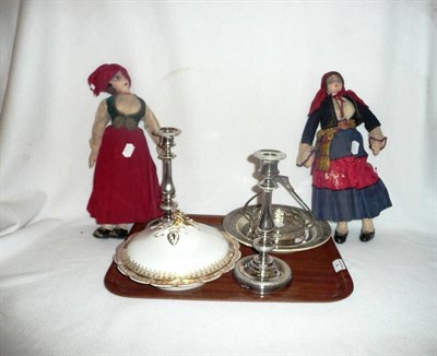 Lot 9 - Two dolls, plated candlesticks, ceramics etc