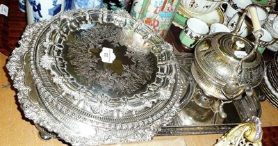 Lot 15 - Three silver plated salvers, a plated kettle on stand, an oval dish and a plated rectangular tray