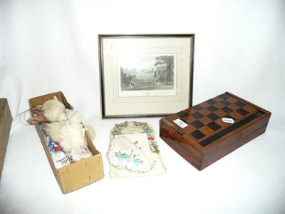 Lot 18 - First World War card silk, two greetings cards, Pelham puppet, draughts board and a framed print