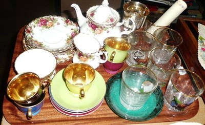 Lot 19 - Tray of assorted ceramics, silver goblet, pair of silver napkin rings, stamps and glass