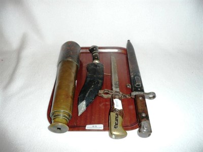 Lot 21 - A three draw telescope, a Gras bayonet, knife bayonet and a kukri (4)