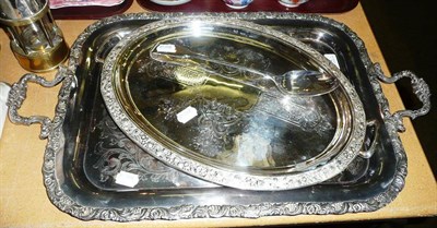 Lot 22 - Electroplate tea tray, small salver and a basting spoon (3)