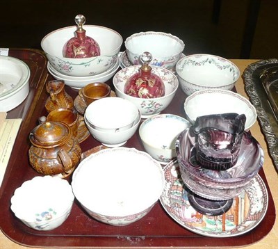 Lot 26 - Tray of 18th century tea bowls and saucers, miniature tea set, a pair of cranberry scent...