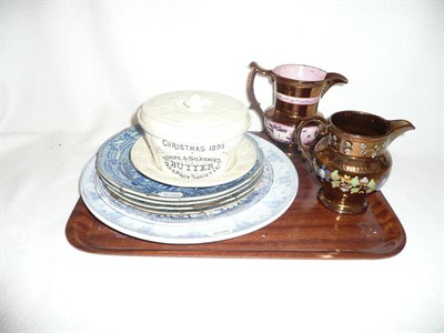 Lot 30 - Tray including 19th century blue and white plate, two copper lustre jugs, a child's plate, and...