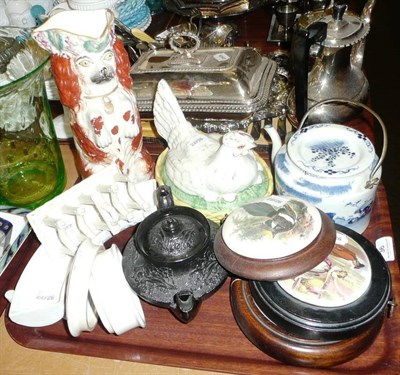 Lot 36 - A tray of ceramics including Staffordshire begging Spaniel jug, toast rack, tea pots, pot lids,...