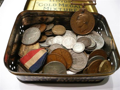 Lot 44 - A tin of coins, various, Special Constabulary Faithful Service medal and Coronation medal